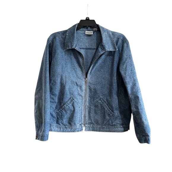 Chico’s Women’s Lightweight Denim Jacket - Abstract Print, Zipper Front, Pockets - Picture 1 of 9